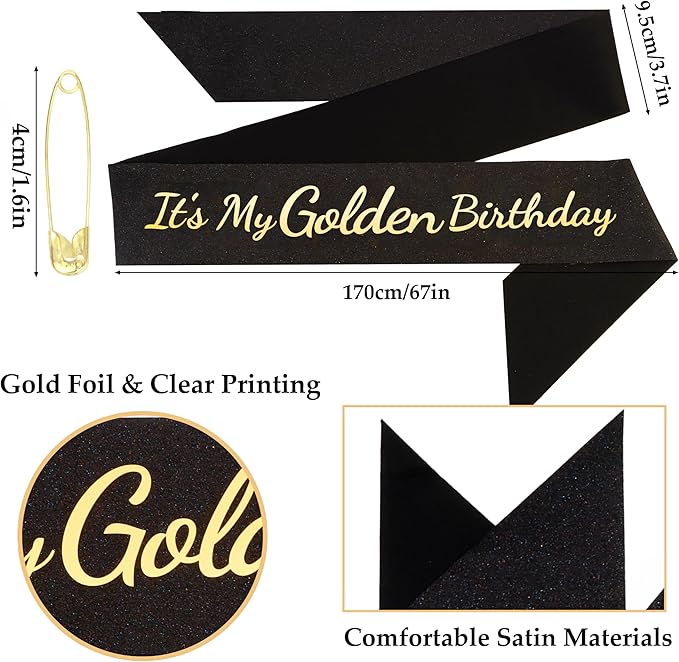 It's My Golden Birthday Sash - Black Glitter with Gold Foil Golden Birthday Sash for Women Girls Funny Party Favor Supplies Accessories