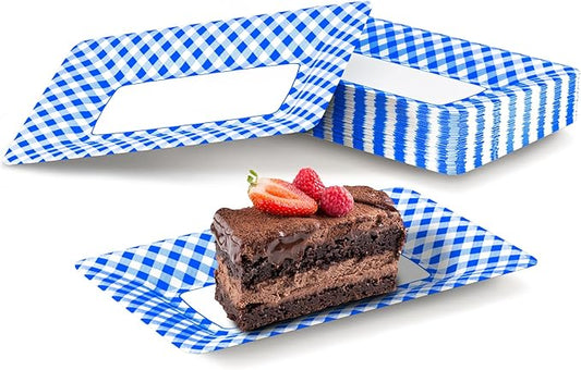 DYLIVeS Blue and White Buffalo Plaid Plates, 9.1 x 5.7 Inch Blue Checkered Disposable Paper Food Trays for Dessert Appetizers Snack Hotdog Rectangular Platters for Picnic, Graduation Party, 50 Pcs