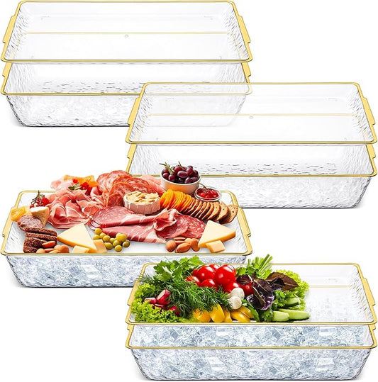 Baderke 4 Set 16" x 9" Plastic Chilled Serving Tray for Parties with Compartments Ice Chilled Party Platter Charcuterie Serving Board Cold Dish Dip for Fruit Seafood Vegetable Appetizer (Gold Rim)