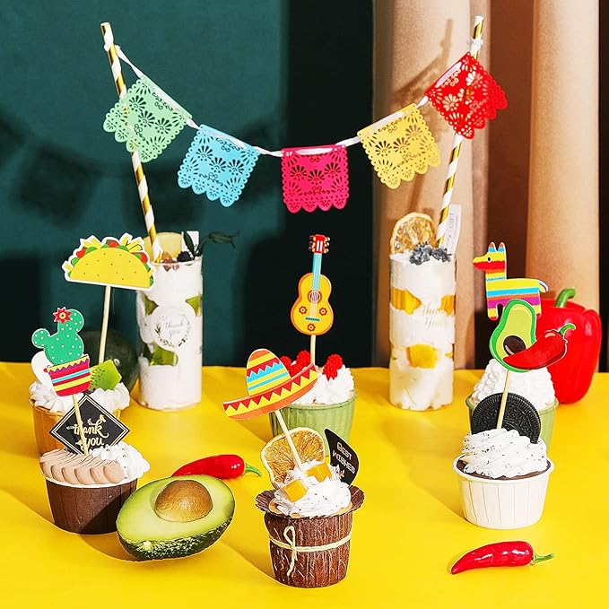 Outus 43 Pcs Fiesta Cupcake Topper and Picado Banner for Fiesta Party Decorations Mexican Theme Cake Decorations for Mexican Themed Cactus Donkey Taco Pepper Sombrero Mustache Party