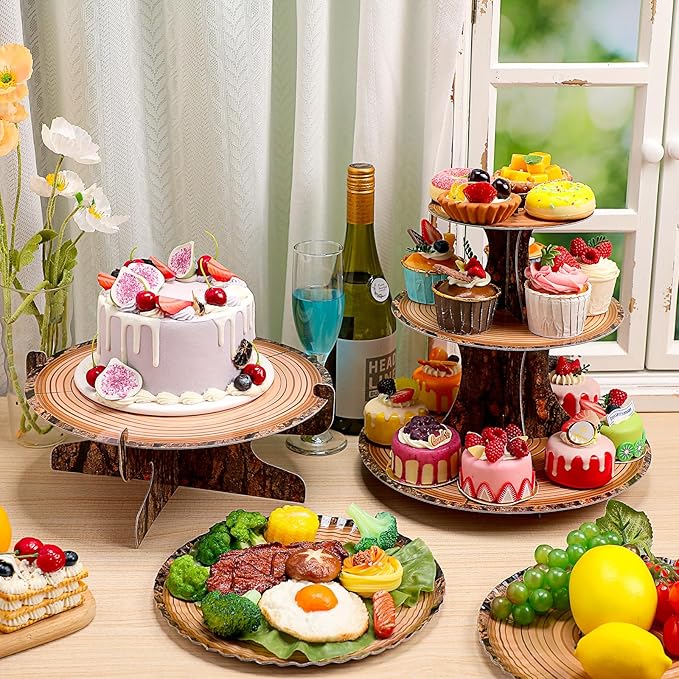 Sawysine 7 Pcs Woodland Cupcake Stand Set Woodland Baby Shower Decorations 3 Tier 2 Wooden Cupcake Stand 1 Rustic Cake 4 Rectangle Serving Tray Birthday Western Camping Hunting Supplies(Circle)