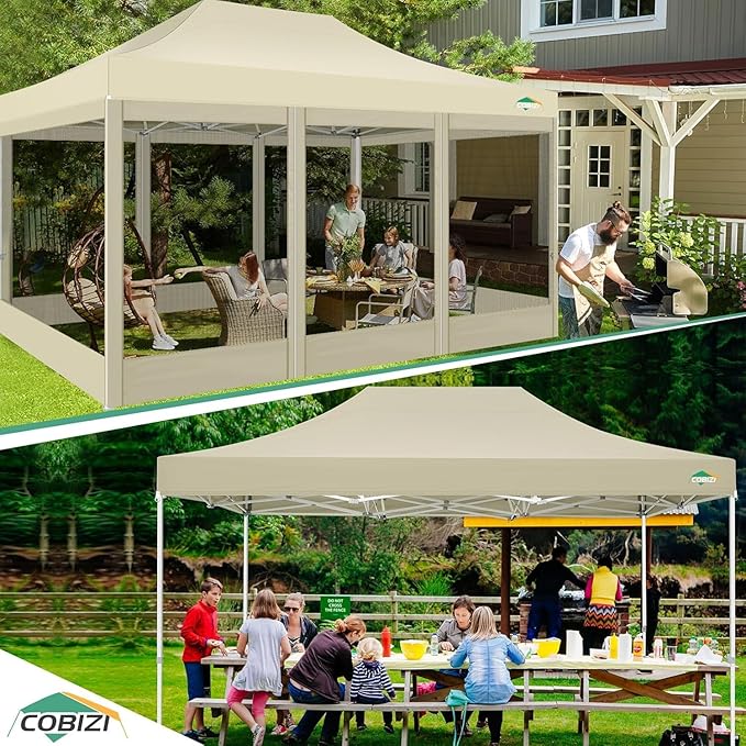 COBIZI 10x15 Heavy Duty Pop up Canopy with 4 Sidewalls, Canopy Tent with Mosquito Netting, Easy up Screen Party Tents for Parties Wedding Patio Backyard Commercial Gazebo with Handbag, Khaki