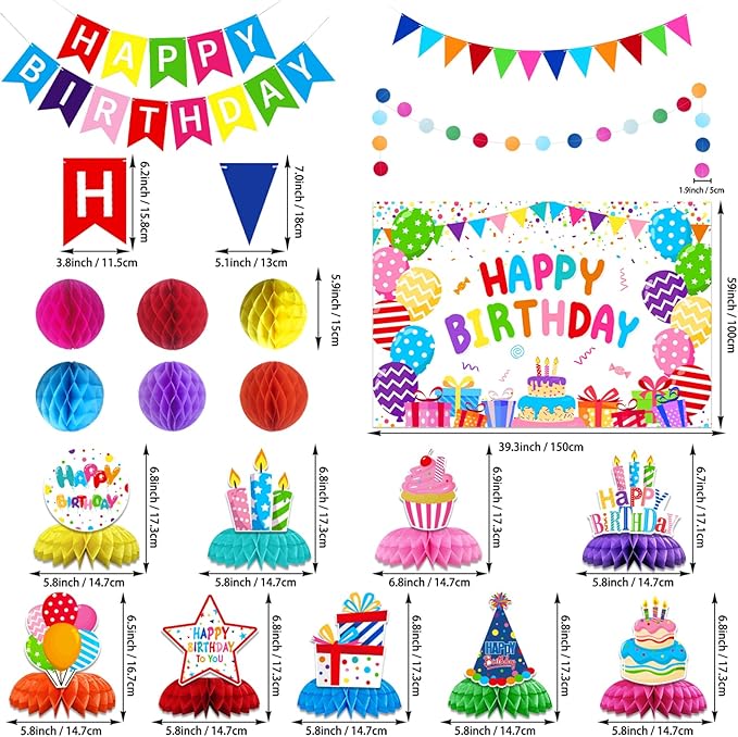 Colorful Happy Birthday Party Decoration Set – Rainbow Banner, Hanging Swirls, Honeycomb Balls, Backdrop & Table Centerpieces for Fun Birthday Celebrations