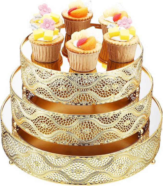 Skylety Set of 3 Round Wedding Cake Stand 10'' 12'' 14'' Metal Dessert Display Stand with Glossy Mirror Dessert Cupcake Cookies Holder for Wedding, Event, Birthday Party(Gold)