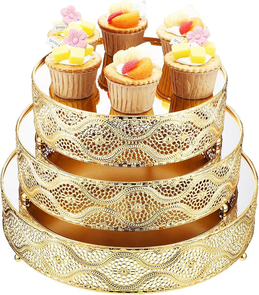 Skylety Set of 3 Round Wedding Cake Stand 10'' 12'' 14'' Metal Dessert Display Stand with Glossy Mirror Dessert Cupcake Cookies Holder for Wedding, Event, Birthday Party(Gold)