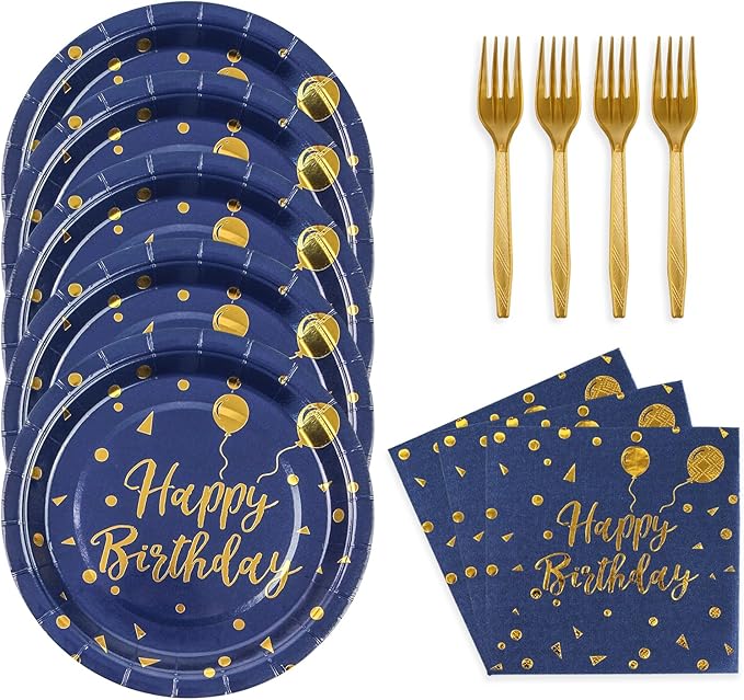 48PCS Happy Birthday Plates and Napkins Party Supplies, Blue and Gold Disposable Paper Plates and Napkins with Forks Tableware Set for Birthday Party Decorations 16 Guests