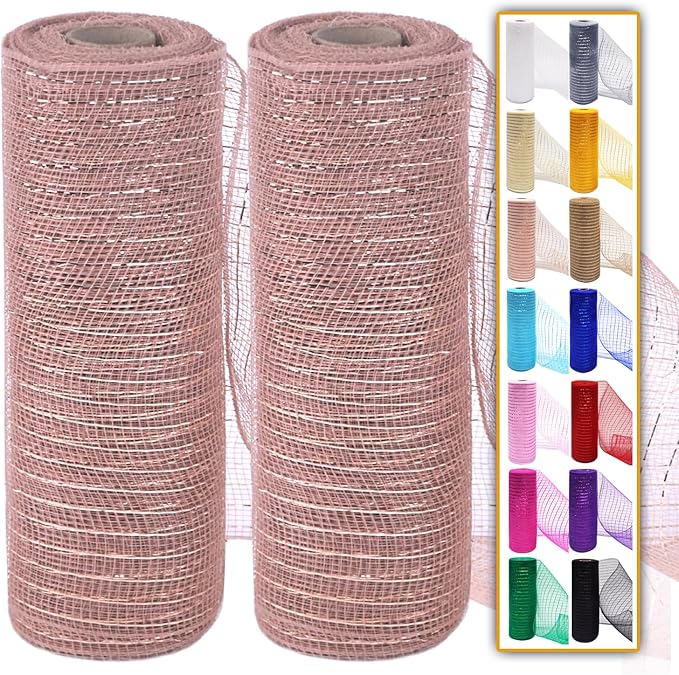 2 Pcs Rose Gold Deco Mesh Ribbon Rolls 10 Inch 10 Yards(30 ft) Decorative Mesh Fabric with Foil for Wreaths Christmas Tree Ribbon Door DIY Craft Halloween Decor Wedding Party Supplies (Rose Gold)