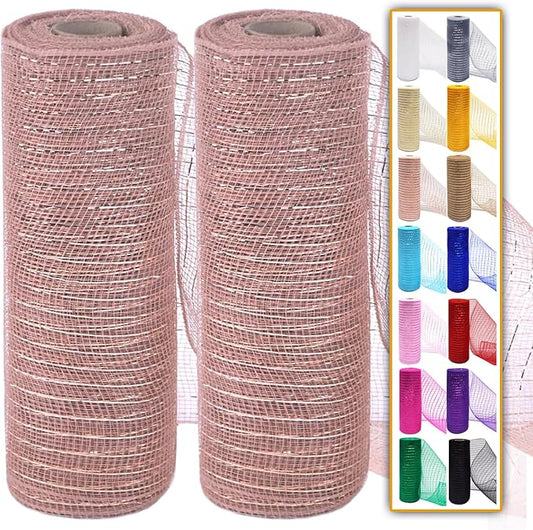 2 Pcs Rose Gold Deco Mesh Ribbon Rolls 10 Inch 10 Yards(30 ft) Decorative Mesh Fabric with Foil for Wreaths Christmas Tree Ribbon Door DIY Craft Halloween Decor Wedding Party Supplies (Rose Gold)
