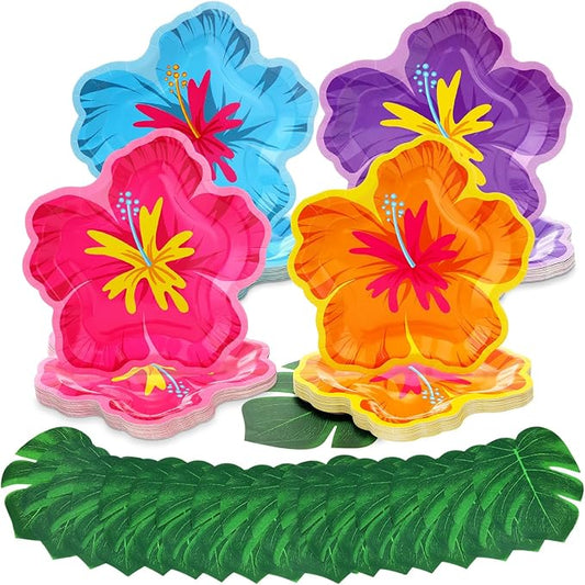 Motipuns 200 Pcs Hibiscus Floral Paper Plates Bulk and Artificial Palm Leaves Luau Hibiscus Flowers Disposable Paper Plates Tropical Leaf Placemat Summer Hawaiian Safari Party Supplies Decoration