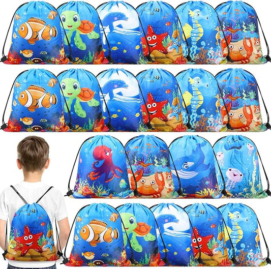 Sanwuta 18 Pcs Under the Sea Party Favor Bags Goodie Ocean Gift Drawstring Bags Beach Sea Animal Candy Treat Drawstring Backpack for Summer Birthday Party Decor Baby Shower Supplies (Classic Style)