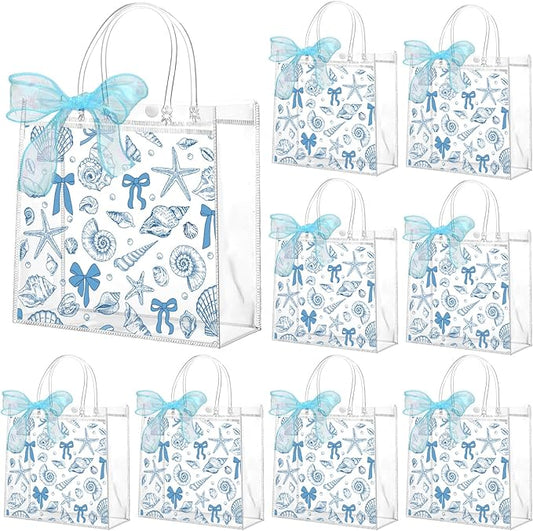 Motipuns 24 Pcs Clear PVC Gift Bags with Handles and Ribbon Party Favor Reusable Plastic Goodie Candy Treat Bags for Birthday Party Supplies(Ocean)