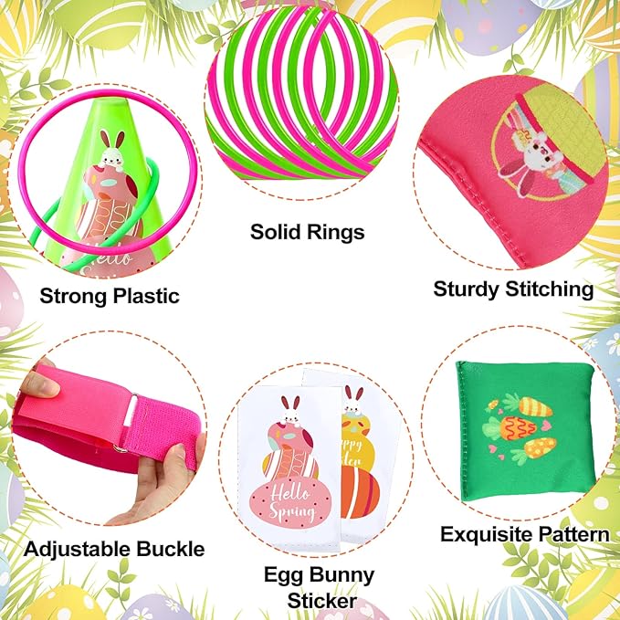 4 in 1 Easter Outdoor Games for Kids and Family, Easter Party Game with Ring Toss, Plastic Cones, Bean Bags, 3-Legged Race Bands, Carnival Spring Games Activities Combo Set for Adult Yard Classroom