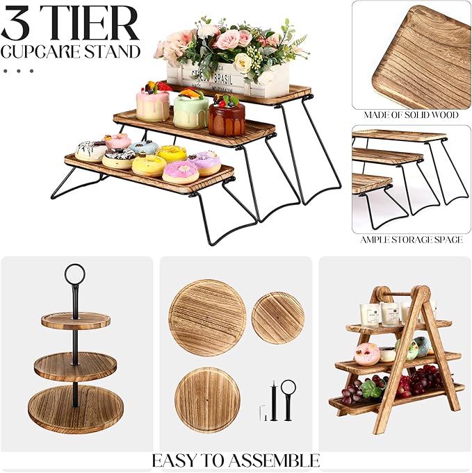 Wenqik Set of 3 Wood Cupcake Stand 3 Tiered Serving Tray Rustic Wooden Dessert Cake Stand Display Cookie Candy Buffet Holder for Tea Party Wedding Home Farmhouse Kitchen Decor
