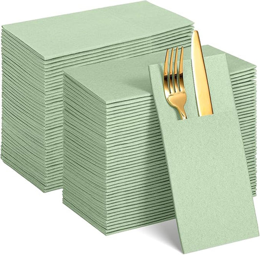 120 Pcs Sage Green Linen-Feel Paper Napkins with Built-in Flatware Pocket, Pocket Linen Napkins Prefolded Cloth Like Paper Napkins Bulk for Silverware Easter Wedding Baby Shower Birthday Bridal Party