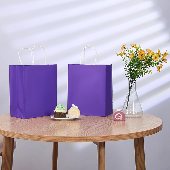 SUNCOLOR 25 Pack Purple Gift Bags with Handles – 8x4.5x10 Medium Bags for Shopping, Retail, DIY, Wedding, Party Favors & Special Occasions