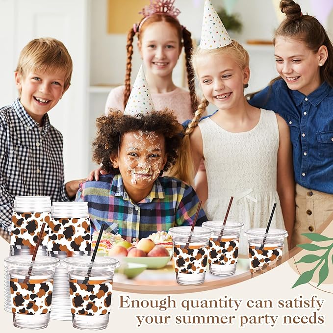 Yungyan 50 Sets Cow Cups with Lids and Straws 16 oz Western Plastic Cups for Coffee Juice Drinking for Cow Western Rodeo Birthday Baby Shower Party Decoration Supplies