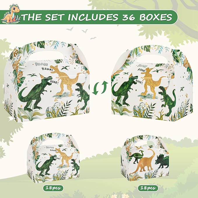 DjinnGlory 36 Pack Dinosaur ROAR Treat Boxes Gable Boxes Party Favor Gift Boxes for Baby Shower, Birthday Party Supplies Decoration, Small Business 6.18 x 3.58 x 3.38 Inches