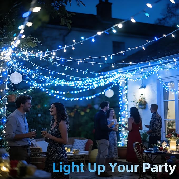300 LED Blue White Birthday Party Decorations Ocean Party Decor String Lights with 12 Modes Timer Dimmable, Green Wire Connectable Christmas Tree Lights, 75FT Fairy Lights for Bedroom, Outside, Xmas