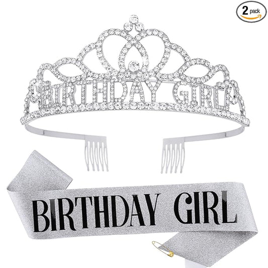 CIEHER Birthday Girl Crown and Birthday Sash Silver Birthday Tiara for Women Birthday Girl Headband Princess Crown Birthday Decorations Birthday Crown and Sash Rhinestone Happy Birthday Accessories Birthday Gifts