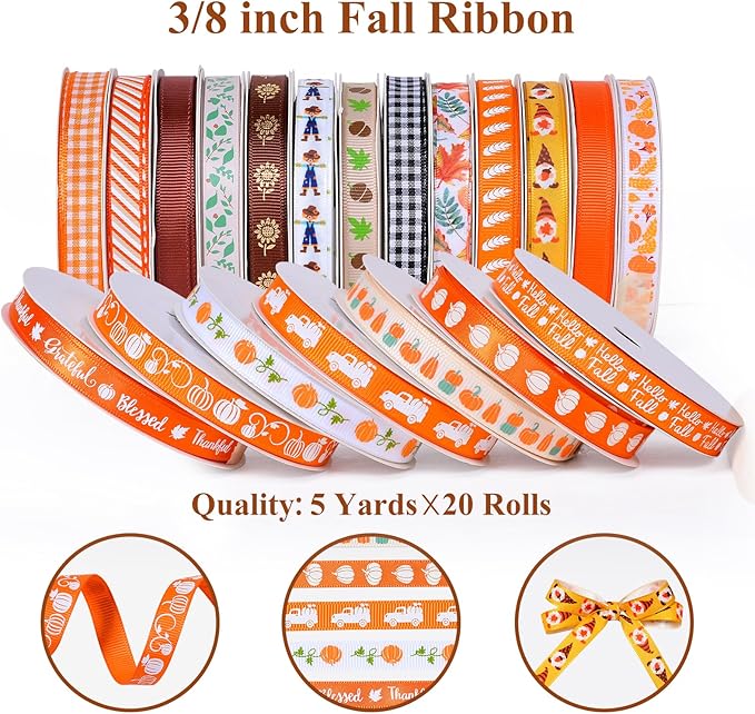 Ribest Fall Ribbon Thin, 3/8 Inch Grosgrain Pumpkin Thanksgiving Ribbons for Crafts Gift Wrapping Bows Making Autumn Harvest Decor 20 Rolls 100 Yards