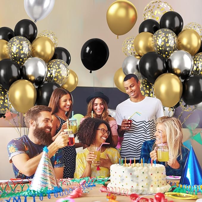 Paready Black and Gold Balloons, 60 Pcs 12 Inch Gold Confetti Balloon, Latex Party Balloons with Ribbons for Birthday Graduation Black Silver Party Wedding Engagement Anniversary Festival Decoration