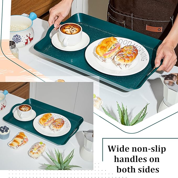 Kathfly 6 Pcs Green Serving Trays with Handles Trays for Eating 16 x 11 Inch Multi Purpose Plastic Tray Rectangular Anti Skid Decorative Food Tray for Restaurant Breakfast Countertop Party Kitchen