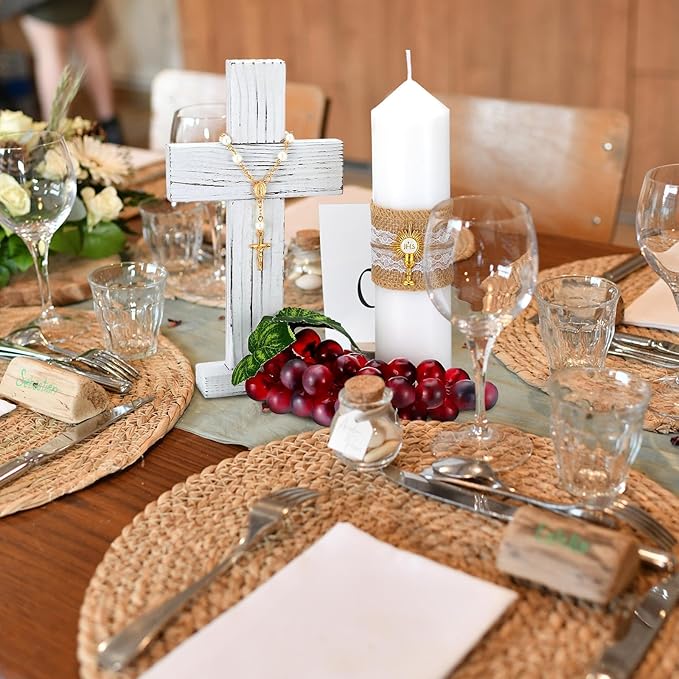 Amyhill 3 Sets Cross Table Decor Baptism Centerpieces Sets Confirmation Candle Standing Cross with Jhs Candles First Communion Table Decor for Wedding Baby Shower Christening Church