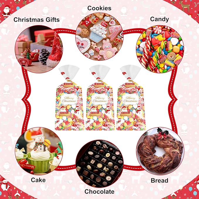 50 Pcs Christmas Treat Bags - Merry Christmas Gift Bags Bulk, Plastic Santa Claus Snowman Christma Cellophane Cello Candy Cookie Goodie Bag with Twist Ties for Winter Xmas Christmass Party Favors