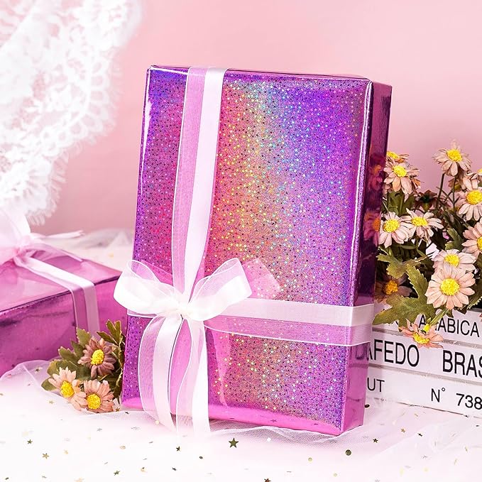 Burymento Pink Wrapping Paper Roll, Metallic Holographic Star Gift Wrap for Birthday, Valentines, Mothers day, Graduation, Wedding, Fathers day, Baby Shower, Christmas (17 IN x 16.4 FT)