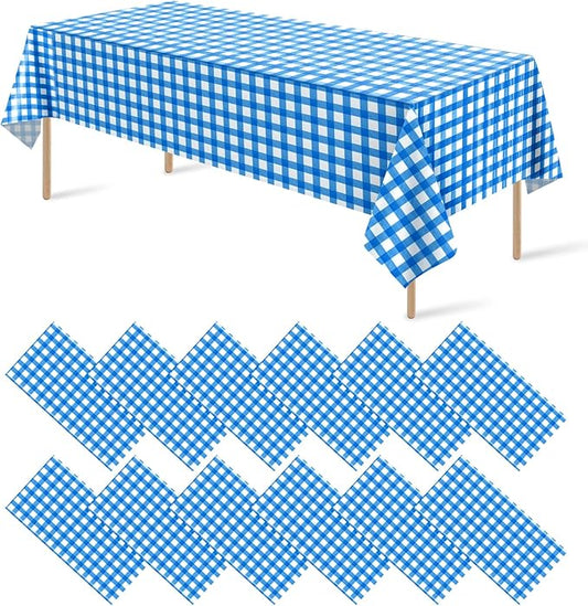 12 Pack Blue and White Plastic Checkered Tablecloth, Premium Decorative Disposable Blue Gingham Plaid Table Cloths for Parties, Rectangle Party Table Cover for Picnic Farm Birthday Wedding, 54x108Inch