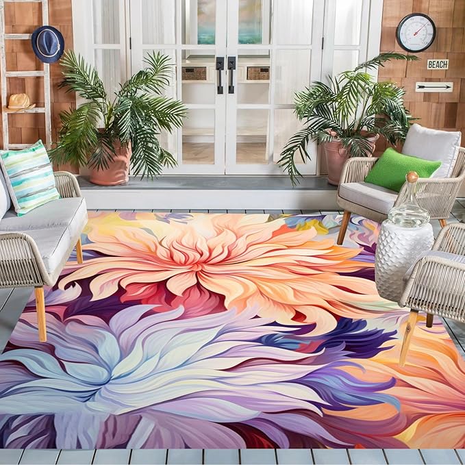 Waterproof Floral 5x7 Outdoor Rug Modern Vibrant Rugs for Balcony Patio Porch Garden Camping Pool Machine Washable Non Shed Outside Carpet Unique Easy Clean Flower Mat Lavender Peach