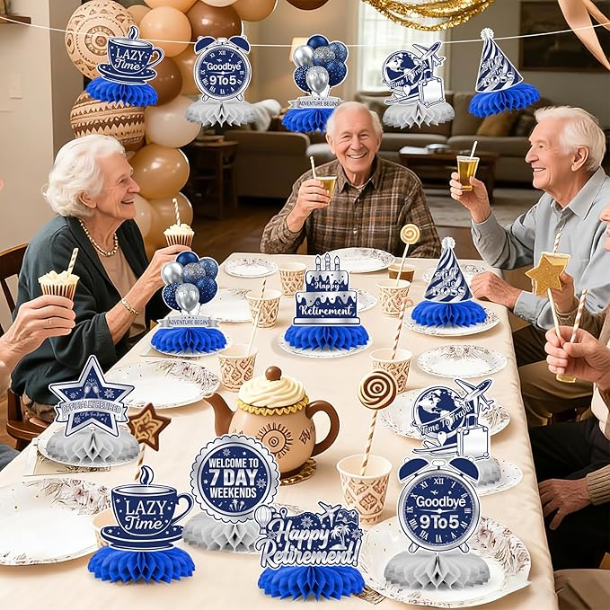 9 Pcs Retirement Party Decorations Honeycomb Centerpieces, Blue Silver Happy Retirement Table Decorations, Funny Officially Retired Table Toppers for Men Women Party Supplies