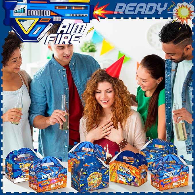 Dunzoom 24 Pcs Dart Birthday Party Supplies Dart Gift Boxes Goodie Candy Treat Cookie Boxes Candy Party Containers with Handles for Theme Birthday Favors Wrapping