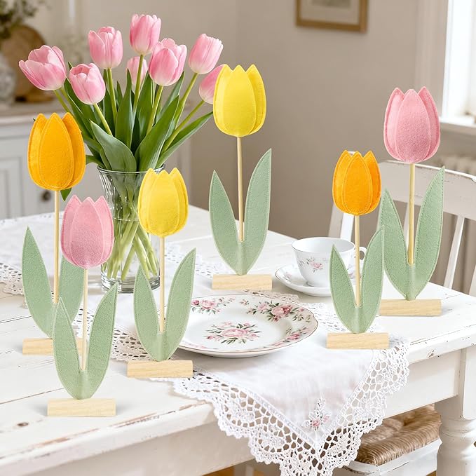 SUNBEAUTY 6Pcs Spring Tulips Flower Table Decoration Tulip Felt Centerpiece Pink Yellow Orange Tulips Mothers Day Table Decorations Tabletop Signs for Easter Garden Home Party Mothers Day Decor
