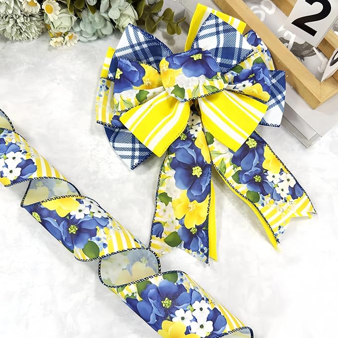 Spring Summer Blue Floral Wired Ribbon, Retro Yellow Blue Flower Ribbon for Bow Wreath Making DIY Gift Wrapping, Holiday Wedding Birthday Party Decorations, 3 Rolls, 2.5Inch,12 Yards (Blue)