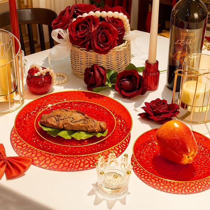 Rubtlamp 175 Pcs Plastic Dinnerware Set (25 Guests), Red And Gold Plastic Plates, Hammered Party Plates Set Include Dinner Plates, Dessert Plates, Cups, Cutlery Set And Napkins for Wedding And Party