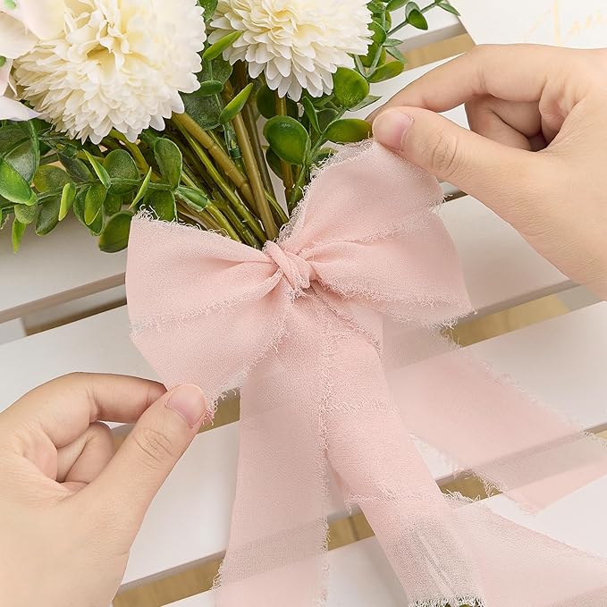 Blush Pink Chiffon Ribbon 1.5" x 21 Yd Handmade Fringe Silk Chiffon Fabric Ribbon for Gift Wrapping Wedding Invitation Bridal Flower Bouquet DIY Crafts Home Decor