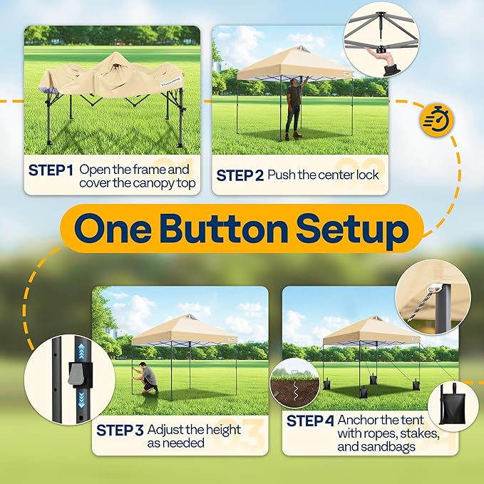 VIVOHOME 8x8ft Pop Up Canopy Tent One Push Setup Outdoor Portable Shelter Tent Heavy Duty with Wheel Carry Bag and 4 Sandbags, Beige
