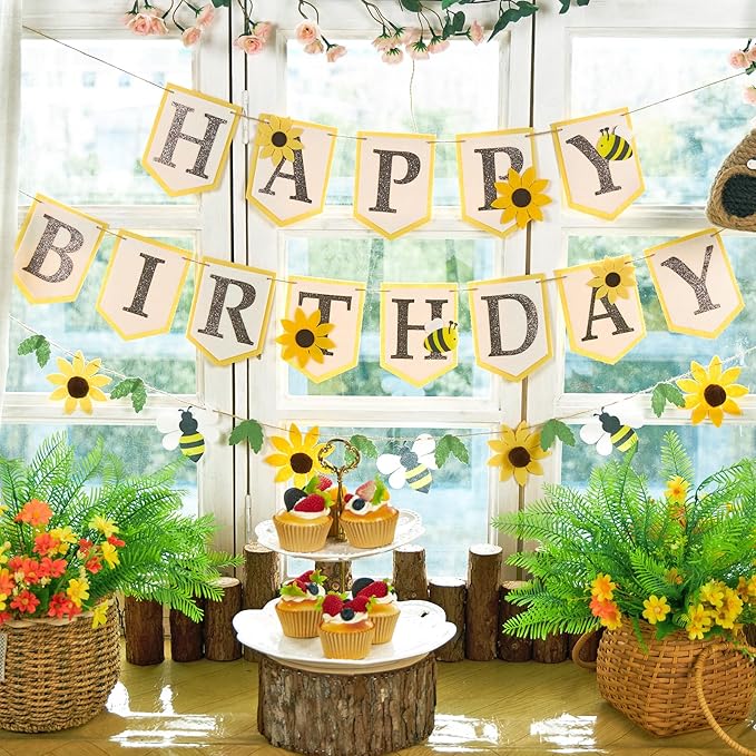 SUNBEAUTY Bee Birthday Party Decorations Bumble Bee Felt Happy Birthday Banner with Sunflower Garland Banner Hanging HoneyBee Decorations for Party Baby Shower Garden Spring Summer(8.2ft)