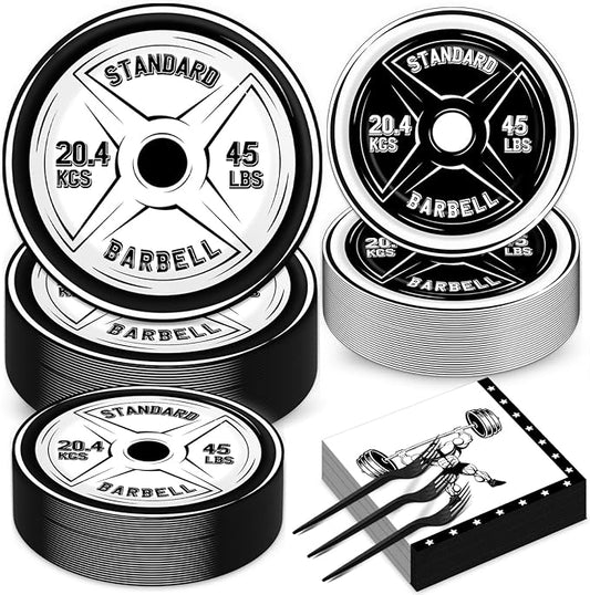 50 Guests Gym Birthday Party Supplies Decoration Bodybuilder Plates and Napkins Forks Weightlifting Tableware Barbell Birthday Party Paper Plates for Gym Lovers and Weight Lifters 200PCS