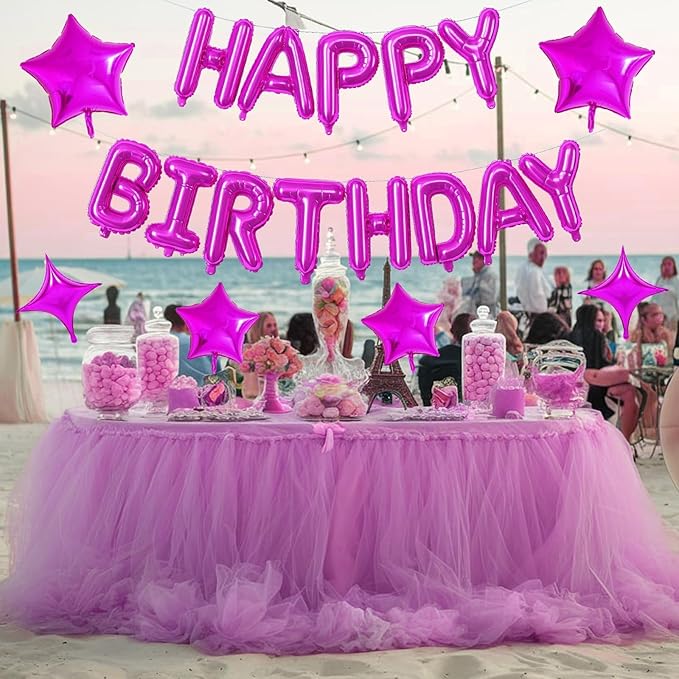 Happy Birthday Balloon Banner Hot Pink, 16 Inch Mylar Foil Letter Balloons, Reusable Birthday Decorations with Rose Red Hot Pink Star Foil Balloons, Inflatable Party Supplies for Women Girls Decor