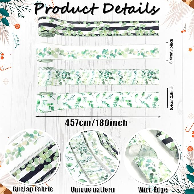 Eucalyptus Wired Edge Ribbon 20 Yards, Green Botanical Black Stripe Greenery Ribbon for Spring Summer Wreath Bow Making, Floral Arrangement, Gift Wrapping, Holiday Decor, 4 Rolls, 2.5 Inch (Green)