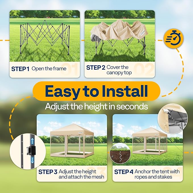 VIVOHOME 8x8ft Easy Pop-Up Canopy, Outdoor Screen Tent with Mosquito Netting, 2 Zipper Doors, and Roller Bag for Yard Camping Picnic Party Events, Beige