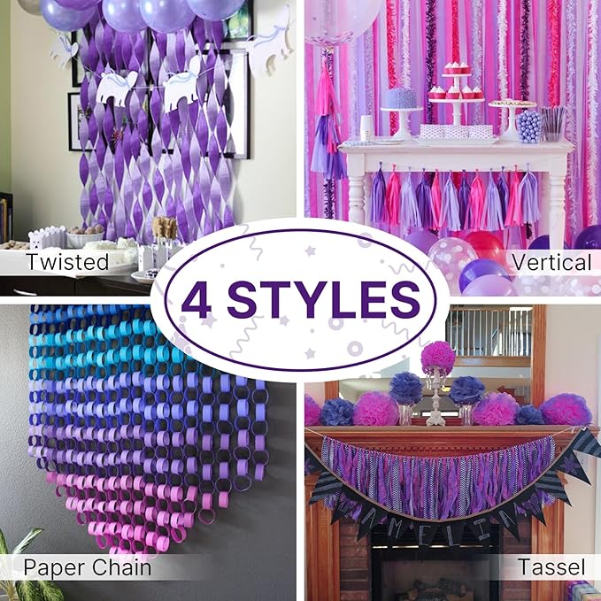 PartyWoo Crepe Paper Streamers 6 Rolls 492ft, Pack of Metallic Silver, Light Purple, Lilac, Lavender Purple, White Crepe Paper for Birthday Decorations, Baby Shower Decorations (1.8 Inch x 82 Ft/Roll)