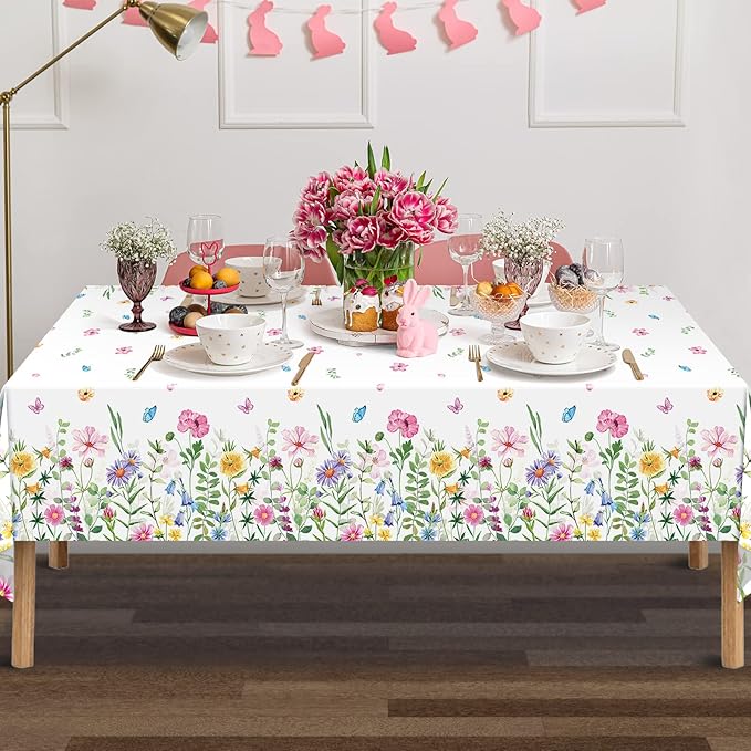 6Pcs Spring Floral Plastic Tablecloth,Pink Purple Blue Flower Butterfly Disposable Table Cover for Home Decor Summer Spring Picnic Dining Holiday Weeding Birthday Tea Party Decorations,54x108 Inch
