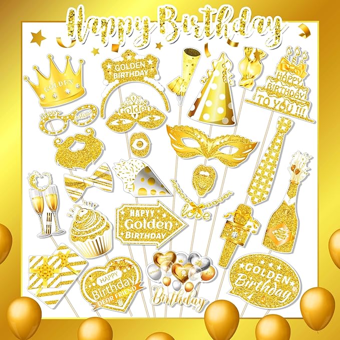 25 Pcs Golden Birthday Photo Booth Props Kit, Gold Glitter Stay Golden Birthday Party Decoration Set, Funny Happy Gold Bday Selfie Photo Props for Boys Girls Women Men, Birthdays Party Supplies