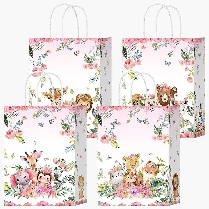 16 Pcs Jungle Animals Goodie Bags Jungle Themed Party Favor Bags with Handles Zoo Animals Print Gift Bag for Birthday Wedding Festival(Pink, 16)