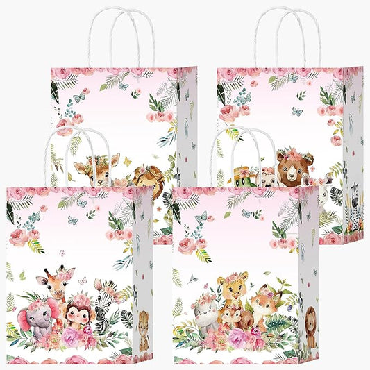 16 Pcs Jungle Animals Goodie Bags Jungle Themed Party Favor Bags with Handles Zoo Animals Print Gift Bag for Birthday Wedding Festival(Pink, 16)