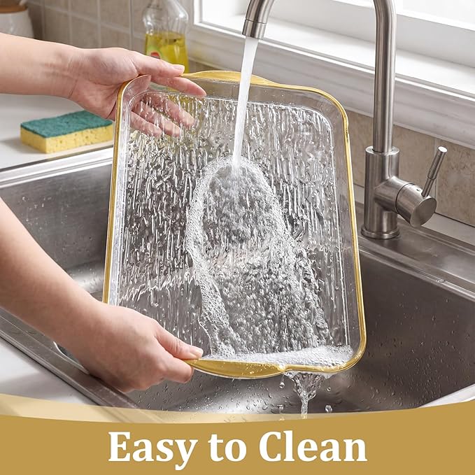 6 Pack Clear Serving Platters with Handles 14.8 x 9.4 Inch Large Party Plastic Serving Trays with Gold Rim Reusable for Food, Cookie, Cake, Turkey, Cheese, Fruit, Appetizer