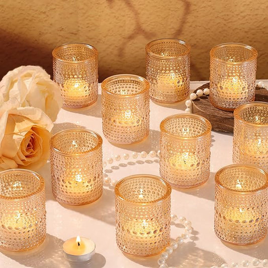 15Pcs Glass Votive Candle Holders, Gold Tea Light Candle Holders Vintage Fall Tealight Candle Holder Bulk for Autumn, Thanksgiving Table Centerpieces, Christmas Decor (Gold)